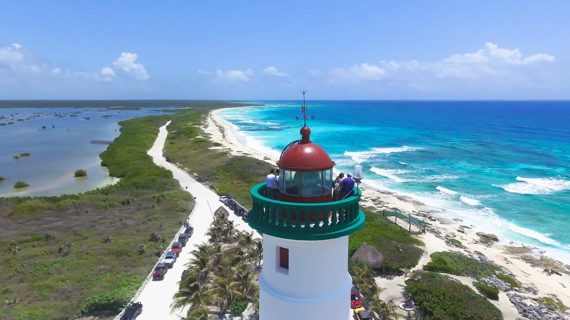 Aerial view of the Celarain lighthouse at Punta Sur Park, Cozumel